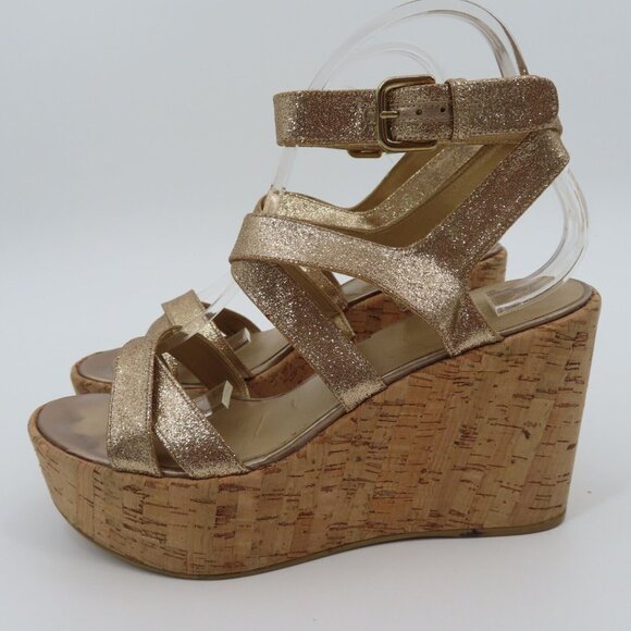 Stuart Weitzman Women 9M Gold Glitter Cork Platform Wedge Sandals Strappy Shoes - Picture 5 of 13